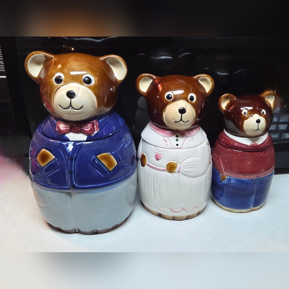 Set Of 3 1984 Teddy Bear Family Canisters From Portugal